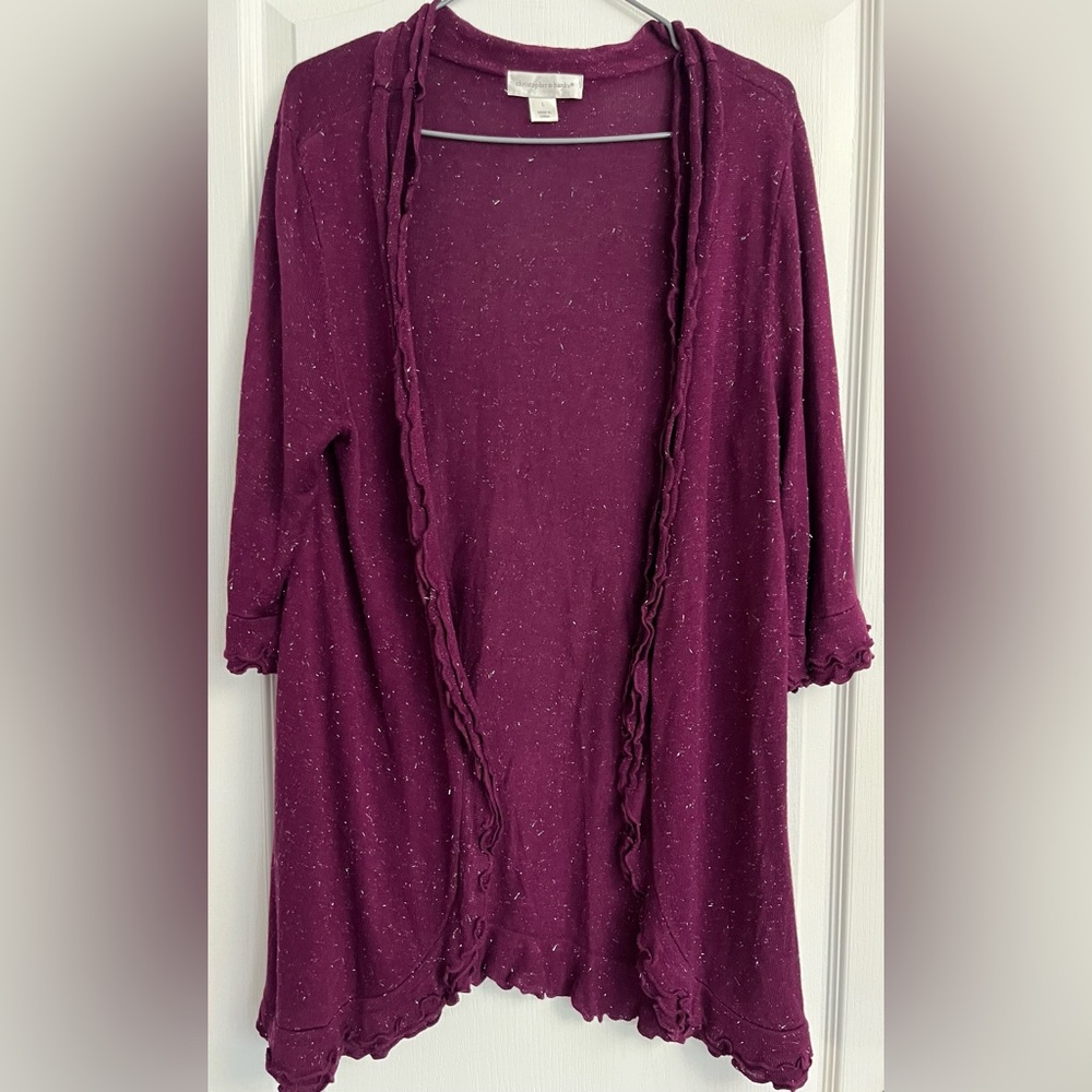 Christopher & Banks Women's Plum Cardigan Sweater with Silver thread/Ruffles Lg